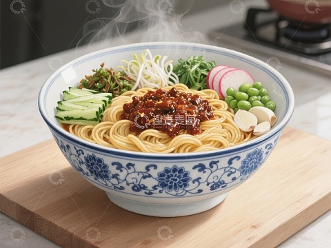 热腾腾的面条配蔬菜和酱料