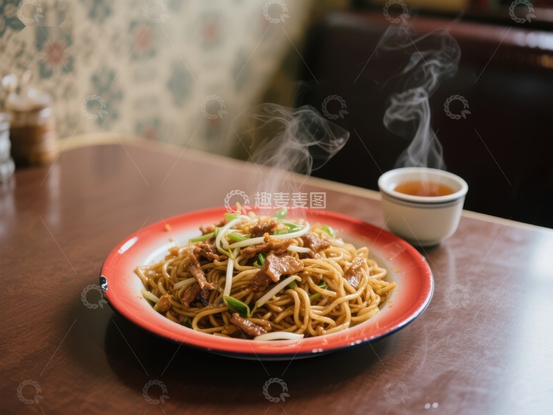 高清大图下载【趣麦麦图】热腾腾的炒面配茶，温馨餐桌景象