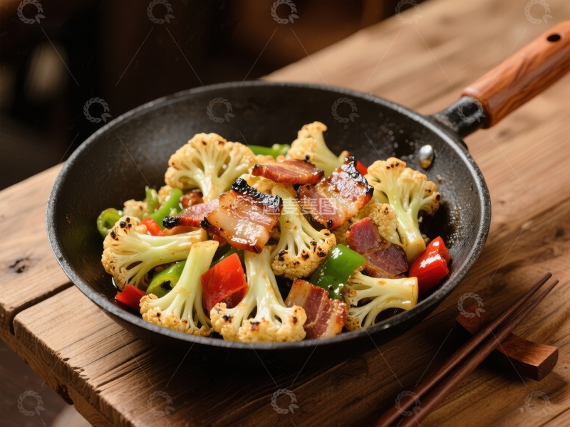 高清大图下载【趣麦麦图】炒花椰菜配培根与彩椒