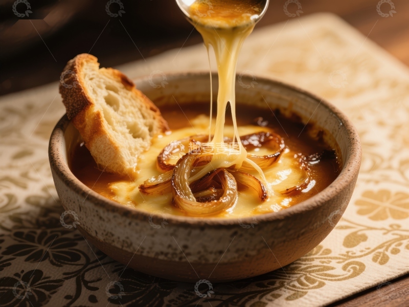 高清大图下载【趣麦麦图】浓郁芝士洋葱汤配烤面包