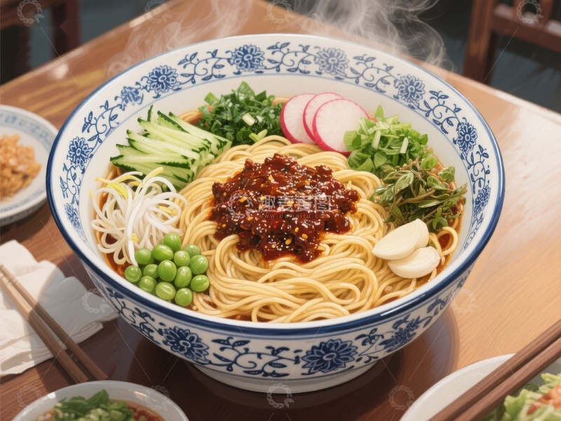 高清大图下载【趣麦麦图】热腾腾的面条配蔬菜和辣椒油