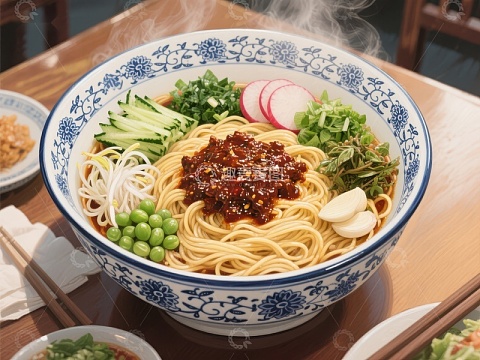 热腾腾的面条配蔬菜和辣椒油