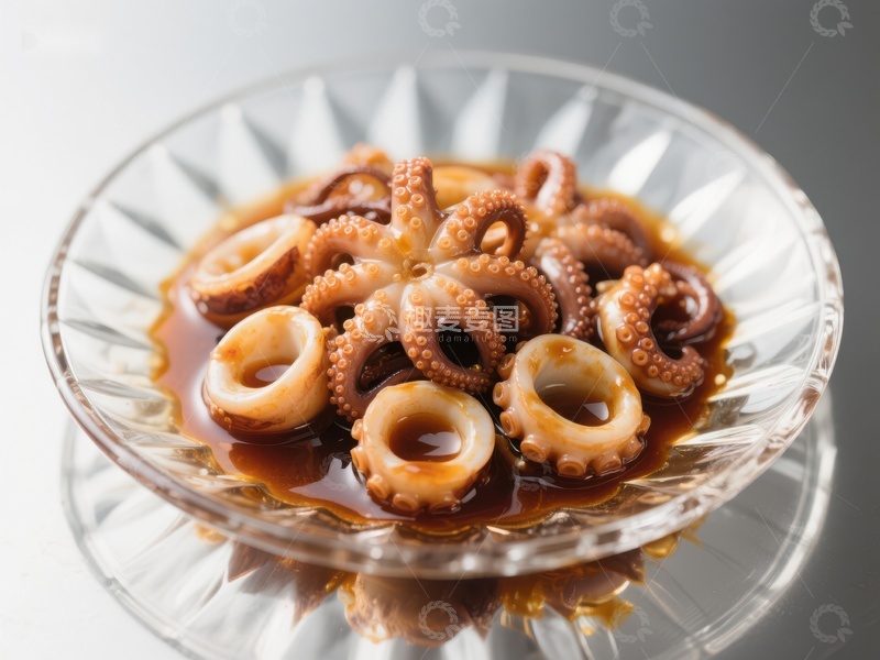 高清大图下载【趣麦麦图】酱汁章鱼圈盛于玻璃碗中