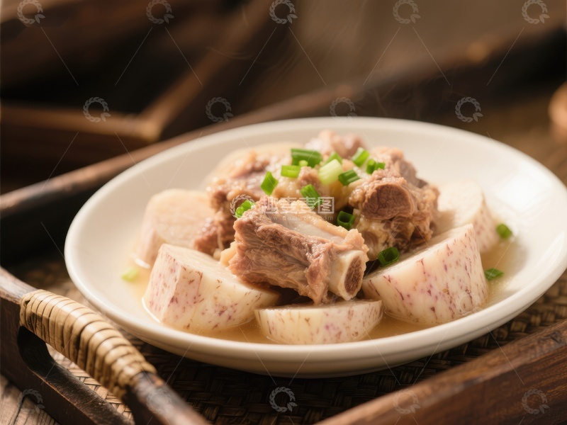 高清大图下载【趣麦麦图】蒸排骨芋头，热气腾腾的家常美味