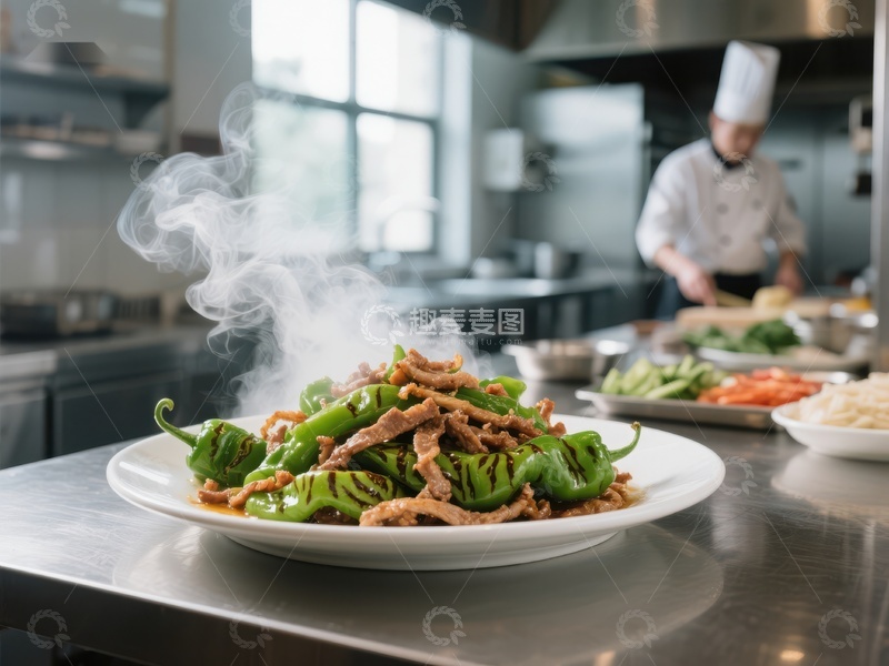 高清大图下载【趣麦麦图】热气腾腾的青椒牛肉在厨房中呈现