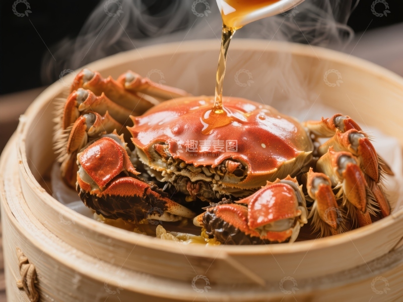 高清大图下载【趣麦麦图】蒸蟹淋油，热气腾腾