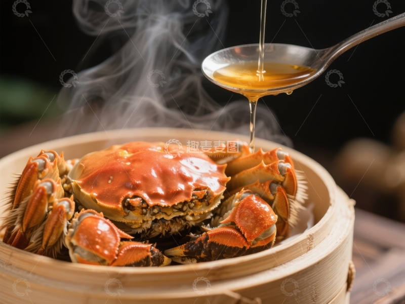 高清大图下载【趣麦麦图】蒸蟹淋油，热气腾腾