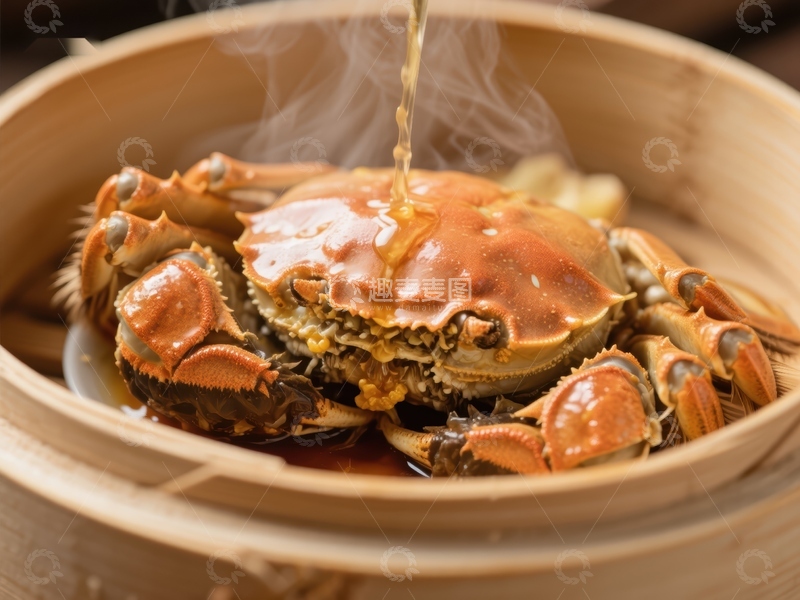 高清大图下载【趣麦麦图】蒸蟹热气腾腾，美味诱人