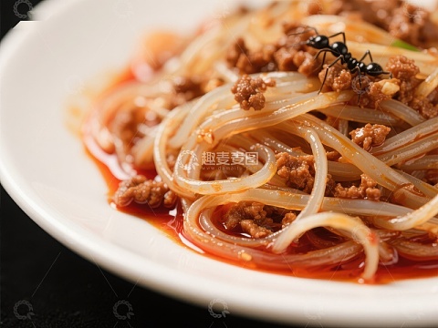 蚂蚁爬上美味的粉丝肉酱面