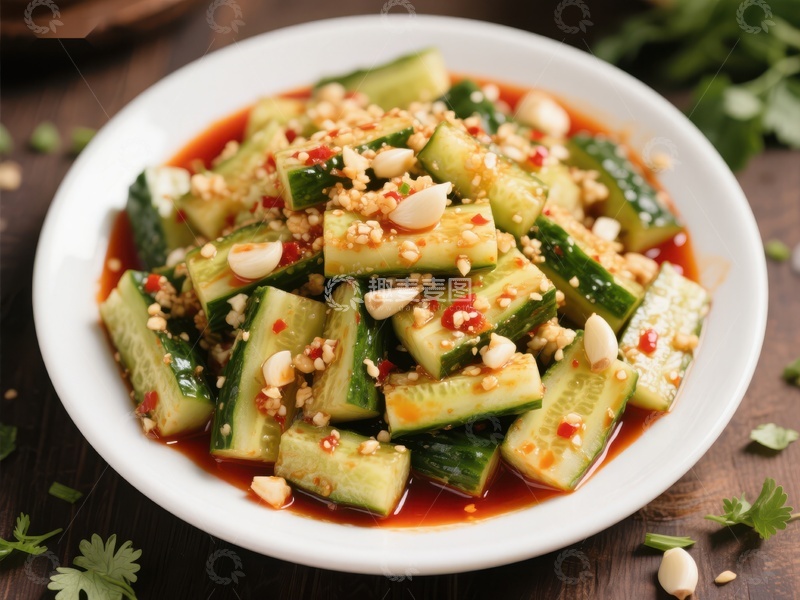 高清大图下载【趣麦麦图】凉拌黄瓜配蒜末和辣椒油