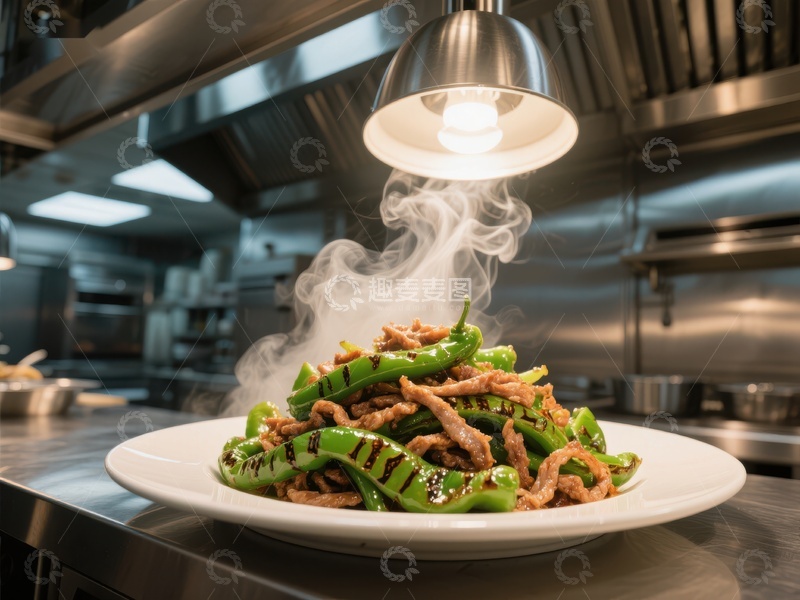 高清大图下载【趣麦麦图】热腾腾的青椒肉丝在厨房中呈现