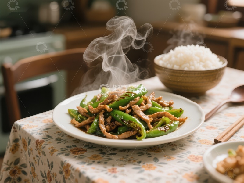 高清大图下载【趣麦麦图】热腾腾的青椒肉丝配白米饭
