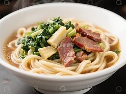 热腾腾的面条配蔬菜和肉片
