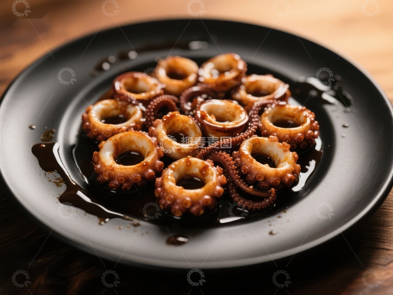 高清大图下载【趣麦麦图】黑盘上的美味鱿鱼圈
