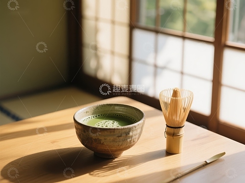 日式抹茶碗与竹筅静置窗边