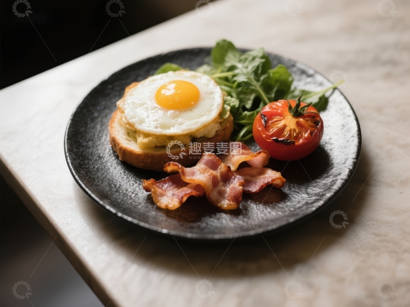 高清大图下载【趣麦麦图】煎蛋培根吐司配樱桃番茄