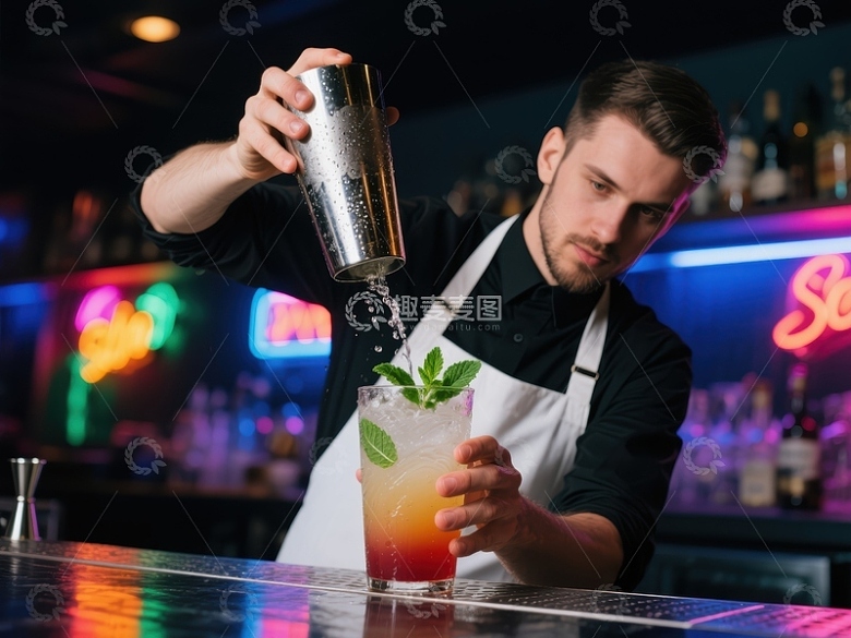 调酒师倾倒鸡尾酒