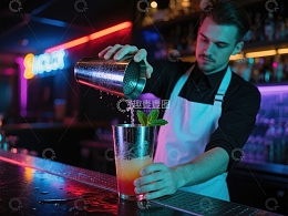 调酒师倾倒鸡尾酒于杯中