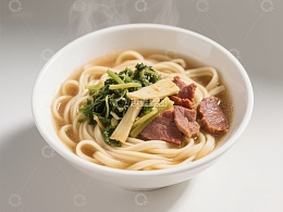 热腾腾的面条配蔬菜和肉片