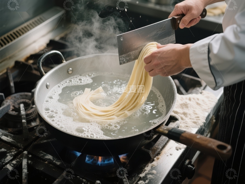 高清大图下载【趣麦麦图】厨师正在锅中煮面条