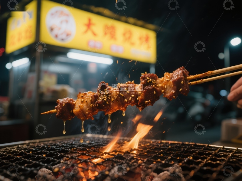 高清大图下载【趣麦麦图】夜市烧烤：美味肉串在火焰上翻滚
