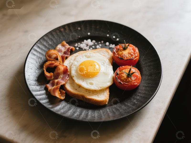 高清大图下载【趣麦麦图】早餐盘：煎蛋、培根与烤番茄