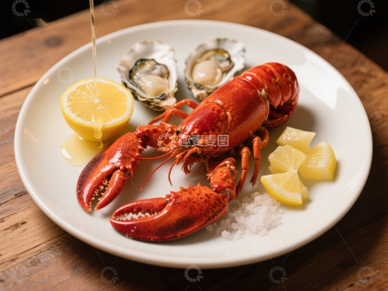 高清大图下载【趣麦麦图】龙虾配生蚝与柠檬的美食摆盘