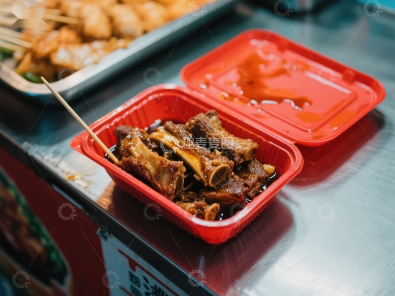 高清大图下载【趣麦麦图】红色餐盒中的美味排骨