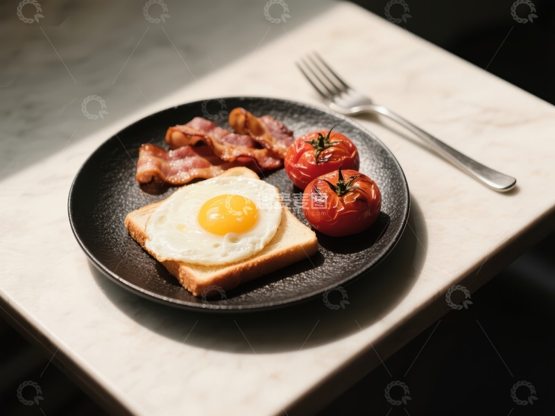 高清大图下载【趣麦麦图】早餐盘：煎蛋、培根与烤番茄
