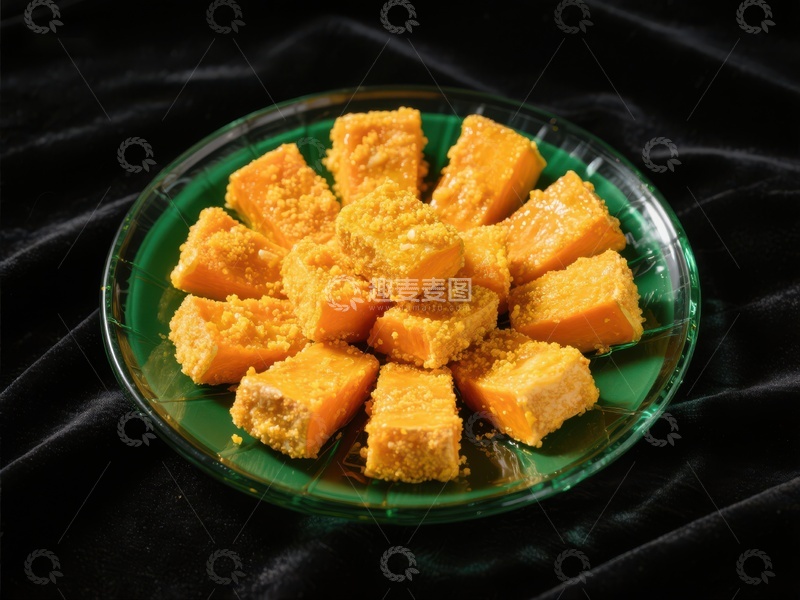 高清大图下载【趣麦麦图】金黄色糕点整齐摆放在绿色盘中