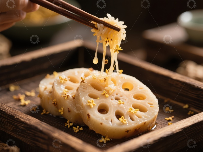 高清大图下载【趣麦麦图】桂花莲藕片，筷子夹起的美味瞬间