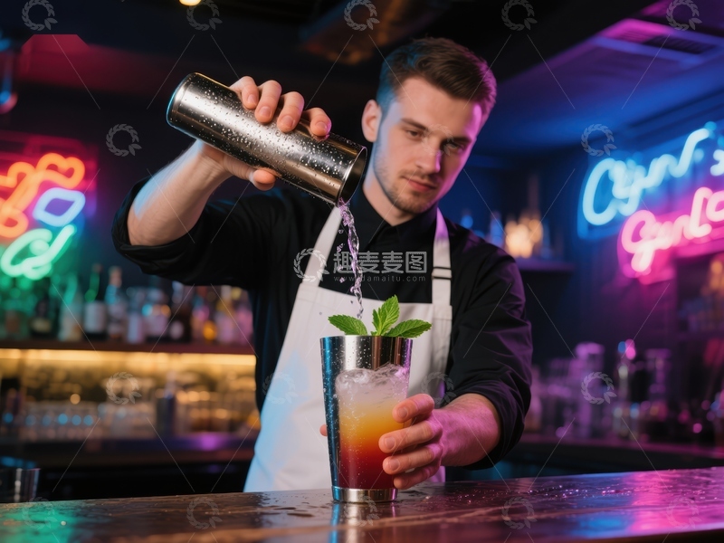 高清大图下载【趣麦麦图】调酒师倾倒鸡尾酒于装饰杯中
