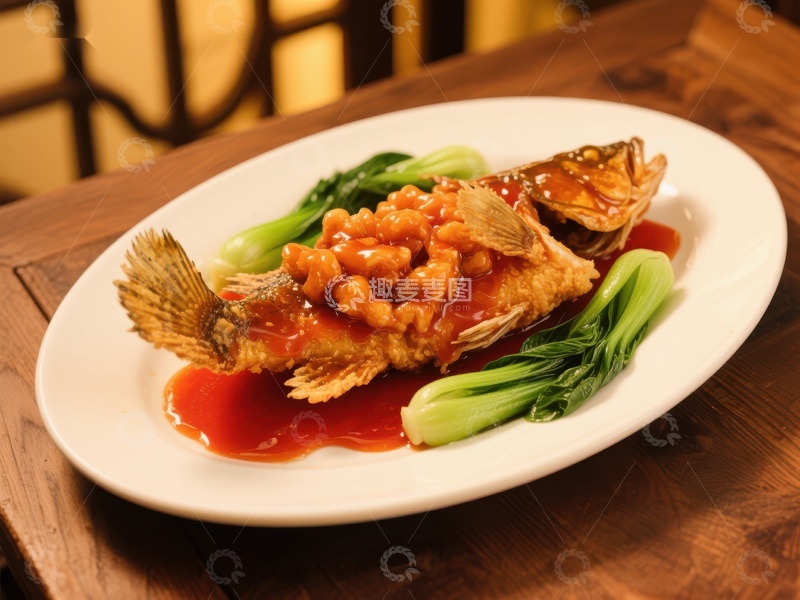 高清大图下载【趣麦麦图】松鼠桂鱼配青菜，色泽诱人