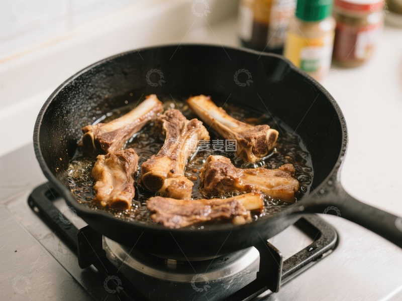 高清大图下载【趣麦麦图】铸铁锅中煎煮的羊排