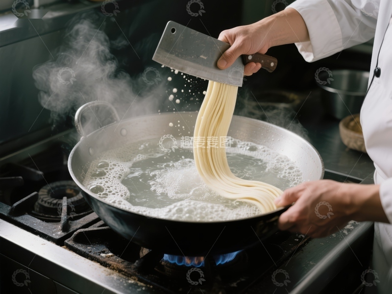 高清大图下载【趣麦麦图】厨师正在锅中煮面条