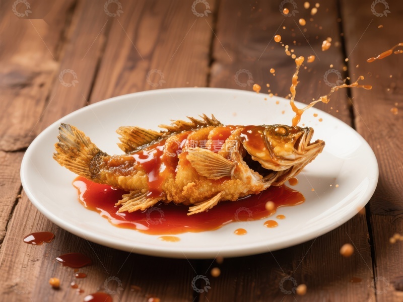 高清大图下载【趣麦麦图】糖醋鱼跃盘中，酱汁四溅