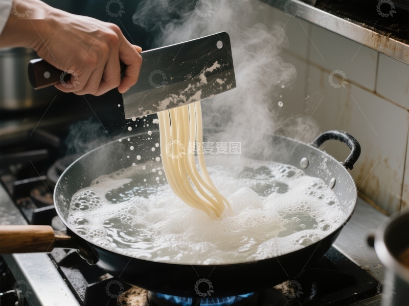 高清大图下载【趣麦麦图】厨师用刀切面入沸水锅中