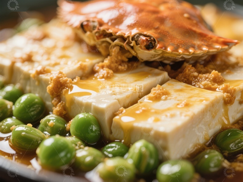 高清大图下载【趣麦麦图】蟹黄豆腐配毛豆美食特写