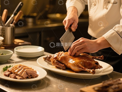 厨师精心切制烤鸭