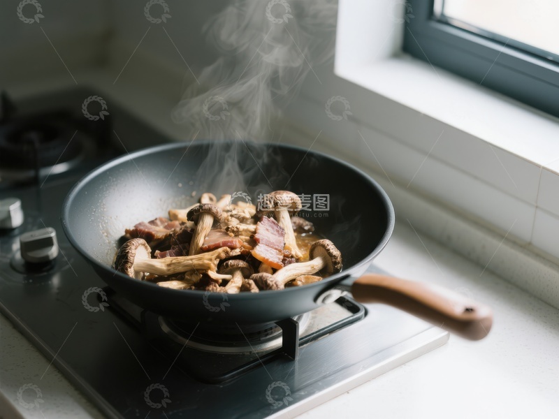 高清大图下载【趣麦麦图】炒锅中翻炒的蘑菇与培根