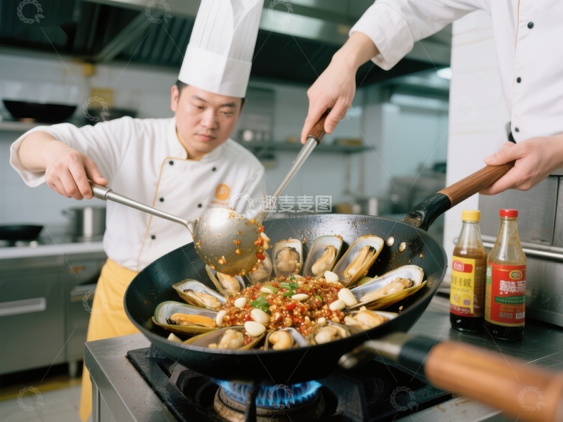 高清大图下载【趣麦麦图】厨师团队协作烹饪海鲜炒菜
