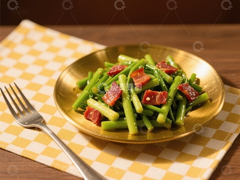 炒豆角配腊肠，金盘盛装
