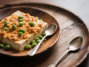 豆腐配青豆与肉松，木质盘盛