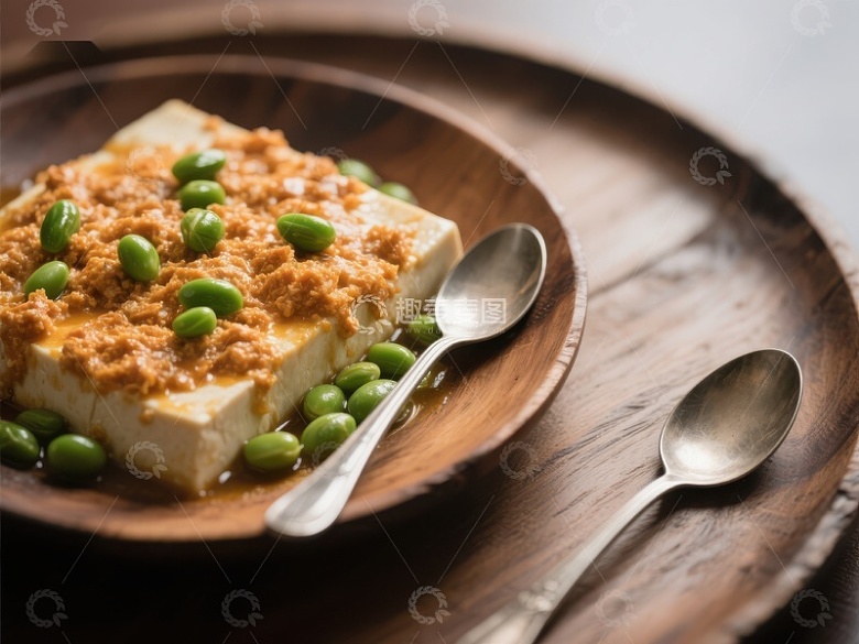 豆腐配青豆与肉松，木质盘盛