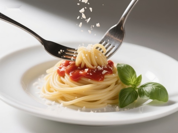 叉子夹起意大利面，撒上奶酪