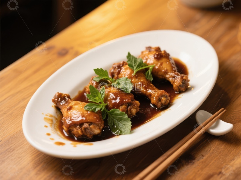 高清大图下载【趣麦麦图】美味酱鸡翅，点缀新鲜香草