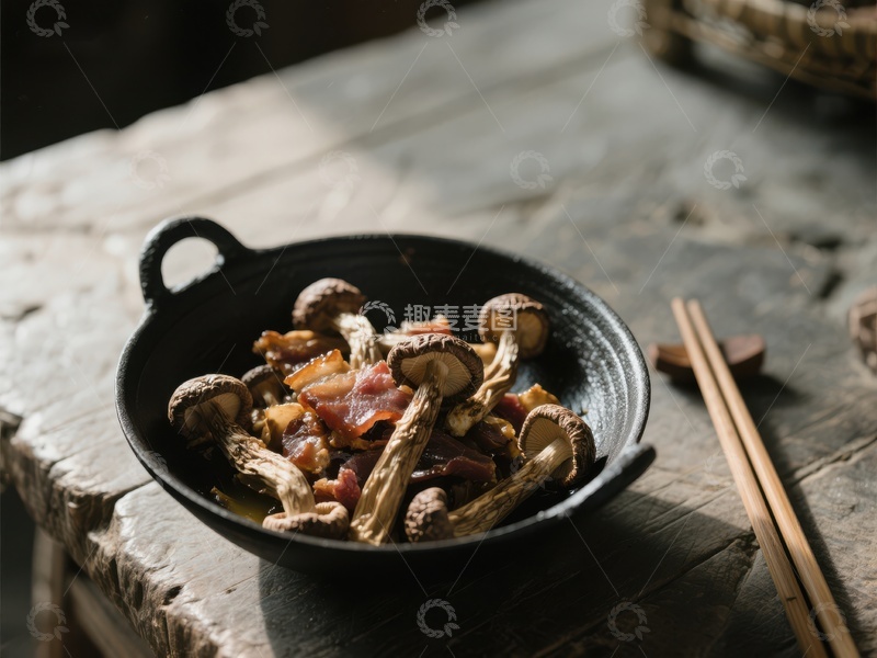 高清大图下载【趣麦麦图】黑碗中的蘑菇培根料理
