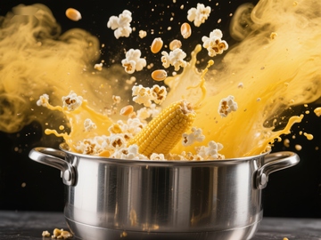 爆米花与玉米棒在锅中迸发瞬间