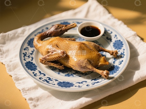 烤鸭摆盘，配以酱碟