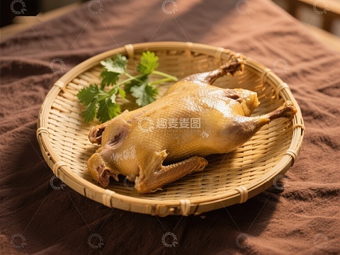 竹篮中的烤鸭配香菜
